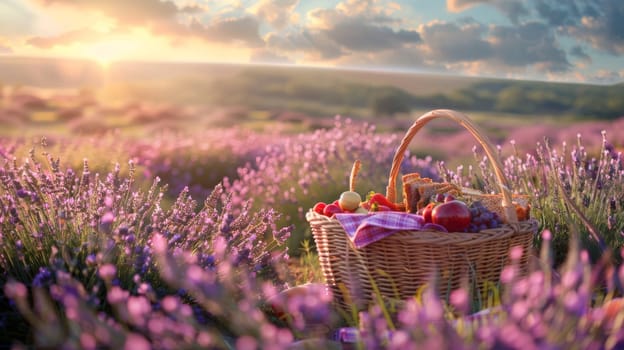 picnic in a lavender field with wine. Selective focus. Generative AI, food