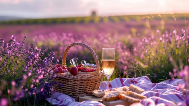 picnic in a lavender field with wine. Selective focus. Generative AI, food