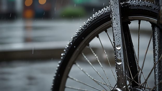 Close-up shot of a bicycle wheel covered in raindrops. The image captures the detail of the tire tread, spokes, and water droplets. It can be used for concepts related to cycling, weather, transportation, and nature. The blurred background adds a sense of depth and movement.,