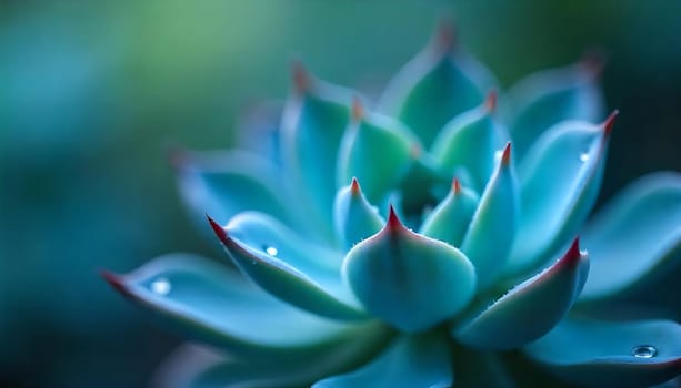 A close-up macro shot of a blue succulent plant with dew drops on its leaves. The soft, blurry background creates a sense of tranquility and serenity. This image can be used for a variety of purposes, including websites, blogs, social media, and print media. It is perfect for projects related to nature, beauty, and wellness.,