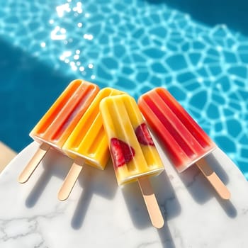 A close-up shot of three colorful popsicles on a white marble surface, with a blurred background of a sparkling blue swimming pool. These popsicles are perfect for summer parties, picnics, and poolside treats. The bright colors and refreshing look make this image ideal for advertising, social media, and food blogs. The vibrant colors, close-up framing, and summery feel make this image perfect for advertising, social media, and food blogs.,