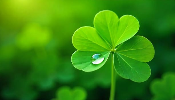 A close-up photograph of a vibrant green clover leaf with a single dewdrop resting on its surface. The leaf is in sharp focus, highlighting its delicate veins and texture. The background is a soft, blurred green, creating a sense of depth and tranquility. This image evokes a feeling of freshness, growth, and good luck. Perfect for nature photography, botanical illustrations, and St. Patrick's Day designs. ,