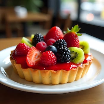 A close-up shot of a freshly baked fruit tart topped with a variety of colorful berries, kiwi slices, and blackberries. The tart is sitting on a white plate, showcasing its vibrant colors and appealing presentation. This image is perfect for illustrating concepts of bakery, dessert, freshness, and healthy eating. It can be used for food blogs, recipe websites, or marketing materials for bakeries and restaurants.,