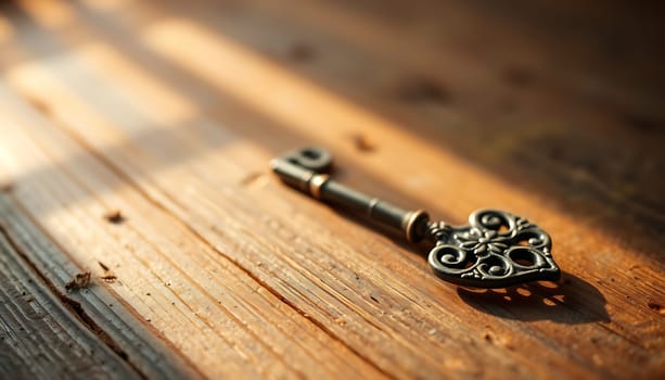 A close-up shot of an antique key with intricate details, resting on a weathered wooden surface. The key is bathed in warm sunlight, casting a shadow that adds depth and dimension to the image. This image would be perfect for projects related to mystery, adventure, history, or the concept of unlocking new possibilities. It can be used for website banners, book covers, blog posts, social media graphics, and more.,