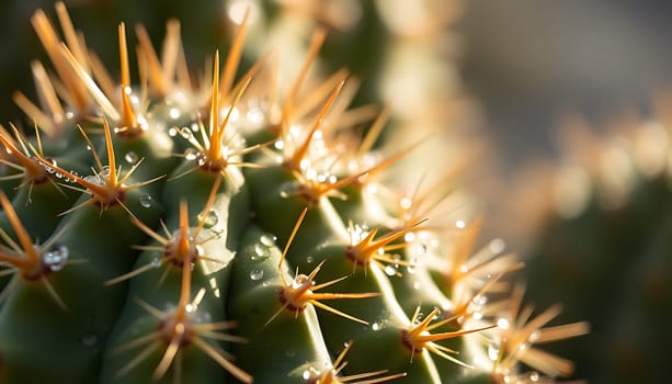 A close-up macro photograph of a cactus with dew drops on its sharp spines, highlighting the intricate details of the plant and the refreshing effect of morning moisture. The shallow depth of field creates a soft, blurred background, emphasizing the sharp focus on the cactus spines. Ideal for botanical, nature, or desert themes, adding a touch of raw beauty and delicate detail to designs.,