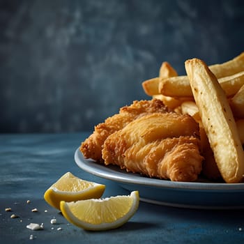 A close-up shot of a plate of freshly fried fish and chips, garnished with lemon wedges. The fish is golden brown and crispy, while the chips are perfectly golden and fluffy. The image is perfect for use in food blogs, restaurant menus, or advertising campaigns for fish and chips. The plate is set on a blue background, with a few lemon wedges and salt sprinkled around it. The image evokes a sense of deliciousness and indulgence. ,
