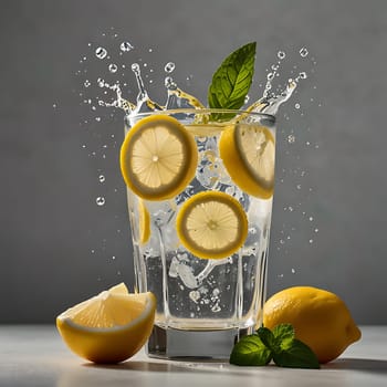A close-up shot of a glass of refreshing lemon water with ice and mint leaves, captured in a dynamic splash. The image showcases the vibrant yellow of the lemon slices against a gray background, creating a visually appealing and thirst-quenching composition. Perfect for advertising, food blogs, or representing healthy beverages.