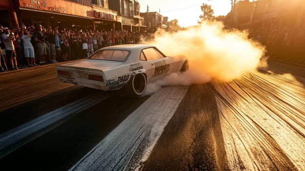Powerful sports cars race through city streets at sunset, leaving a trail of smoke, thrilling spectators with high speed action