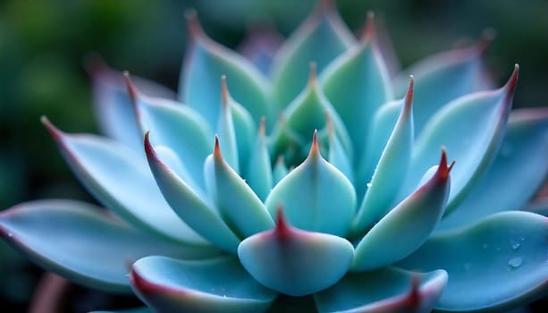 A stunning macro photograph of a blue succulent with red tips. The image captures the intricate details of the plant's texture and color, making it ideal for use in nature, botany, or design projects. The soft focus and vibrant hues create a sense of tranquility and beauty. ,