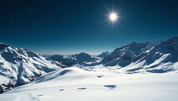 A breathtaking view of a snow-covered mountain range under a vast, starry sky. The image captures the serene beauty of nature, with a bright sun shining through the clouds. The majestic peaks and valleys are covered in a pristine layer of snow, creating a pristine and untouched landscape. This image is perfect for use in travel brochures, calendars, and other media that promotes the wonders of nature. It's a powerful reminder of the beauty and awe-inspiring power of the natural world.