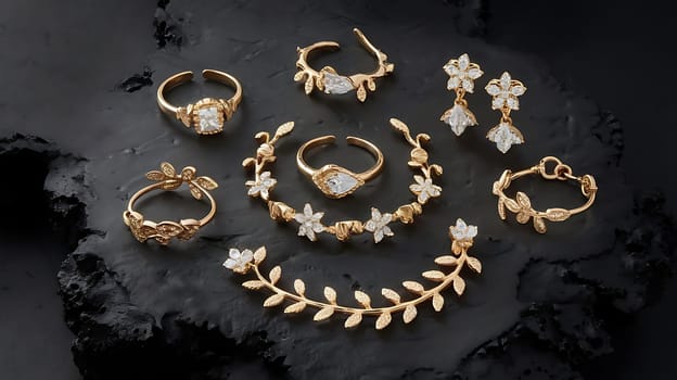 A collection of elegant gold jewelry with sparkling diamond accents, beautifully arranged on a black background. The pieces include rings, earrings, and a delicate bracelet, showcasing intricate floral designs and intricate craftsmanship. This image is perfect for advertising, fashion blogs, and social media posts promoting luxury jewelry and accessories.