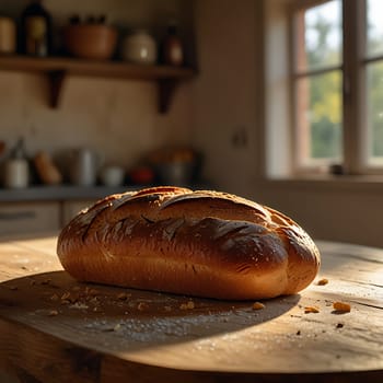 A close-up shot of a freshly baked loaf of bread on a rustic wooden table. The bread is golden brown and crusty, with a soft, airy texture. The table is covered in crumbs and a few scattered grains, suggesting that the bread has just been sliced. Sunlight streams in through a window in the background, creating a warm and inviting atmosphere. This image is perfect for use in advertising, editorial, or food blogs. It conveys a sense of homeliness, comfort, and deliciousness, making it ideal for promoting bakery products, cooking recipes, or articles about food and culture.,