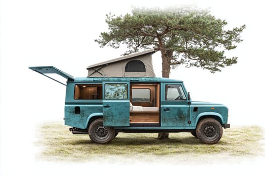 4x4 offroad vehicle is parked on a white background with a rooftop tent deployed. The modern camper van is parked near a tree