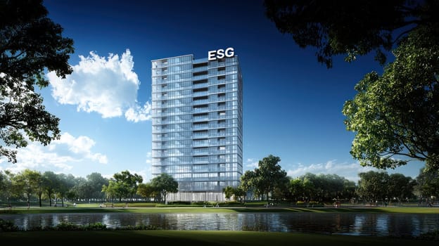 modern building with ESG letters stands tall against clear blue sky.