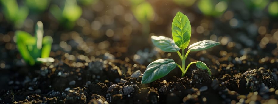 Young sprout growing in the soil cad. selective focus. Generative AI, nature