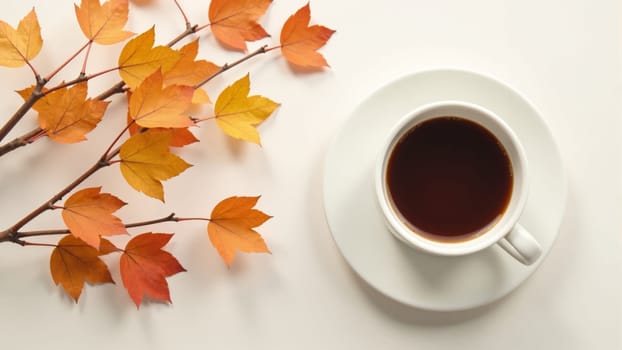 A cozy cup of coffee rests on a soft surface adorned with vibrant autumn leaves, welcoming the month of November with warmth and comfort, perfect for seasonal reflection and relaxation.
