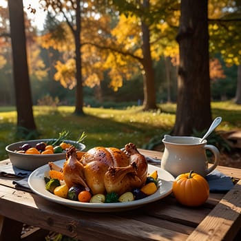 A delicious roasted turkey dinner with side dishes, set on a wooden table in an autumn forest setting. The background features colorful fall foliage, creating a cozy and festive atmosphere. The image is perfect for use in advertisements, cookbooks, or any project related to food, Thanksgiving, or the fall season.