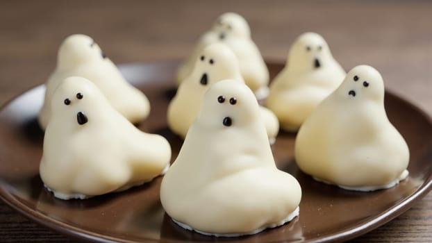 A charming collection of ghost-shaped confections with expressive faces sits on a plate, inviting festive joy. Their playful designs add a whimsical touch to Halloween festivities.
