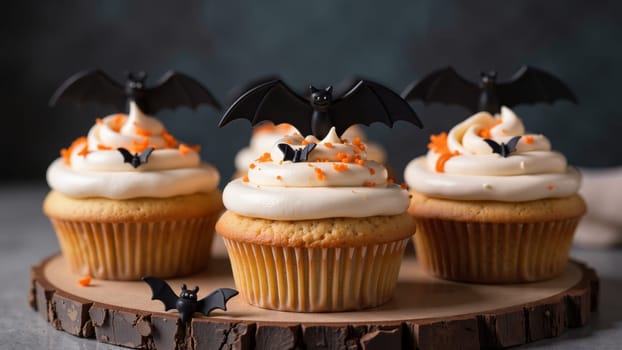 Three charming cupcakes sit atop a rustic wooden platter, each crowned with fluffy frosting and whimsical bat toppers, celebrating the festive spirit of Halloween with colorful sprinkles.