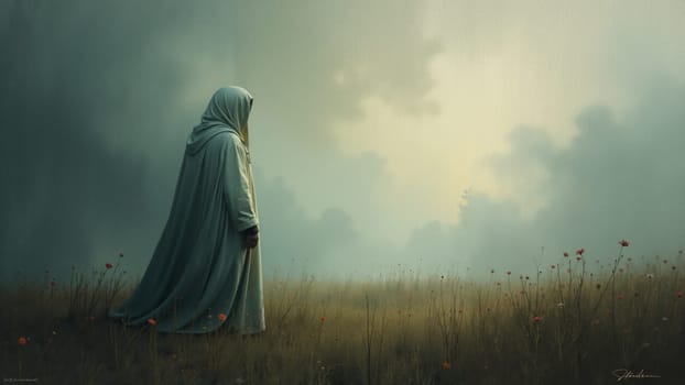 Draped in a flowing robe, a solitary figure stands in a vast, misty field, reflecting on the tranquil landscape as twilight fog envelops the scene, evoking a sense of peace and contemplation.