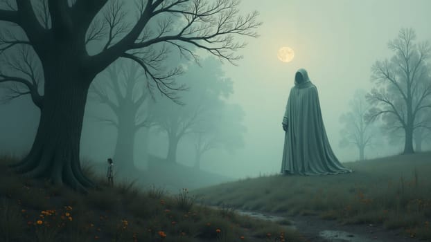 Draped in a flowing robe, a solitary figure stands in a vast, misty field, reflecting on the tranquil landscape as twilight fog envelops the scene, evoking a sense of peace and contemplation.