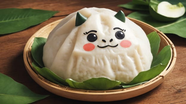 A delightful steamed bun smiles cheerfully, decorated with big eyes and playful features, resting on a bed of green leaves. This whimsical treat showcases culinary artistry.