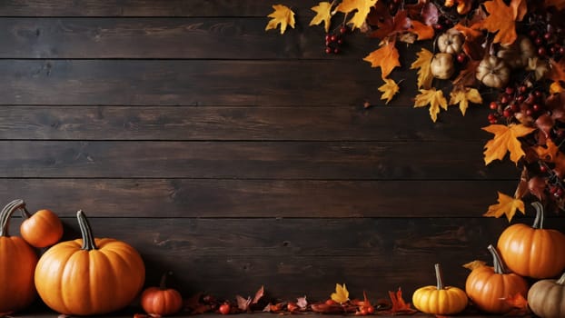 A delightful autumn arrangement features bright pumpkins nestled amidst colorful leaves and clusters of berries, creating a warm and inviting atmosphere perfect for the fall season.