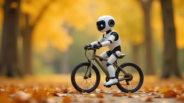 A small, friendly robot joyfully rides a bicycle along a forest path, surrounded by trees adorned with brilliant autumn leaves, creating a delightful scene of adventure and exploration.
