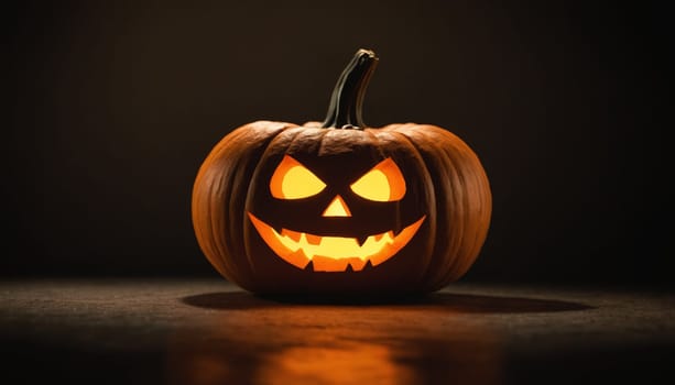 A sinister-looking pumpkin, expertly carved with sharp features, emanates a warm glow from within, casting flickering shadows in a darkened space, perfect for Halloween.