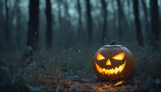In the stillness of the forest at night, a carved jack-o'-lantern glows brightly. Its menacing grin and flickering light create an atmosphere full of Halloween spirit and mystery.