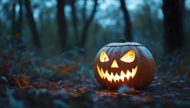 Nestled among fallen leaves in a shadowy forest, a carved pumpkin grins menacingly, its flickering light casting eerie shapes in the dusk, creating an enchanting Halloween atmosphere.