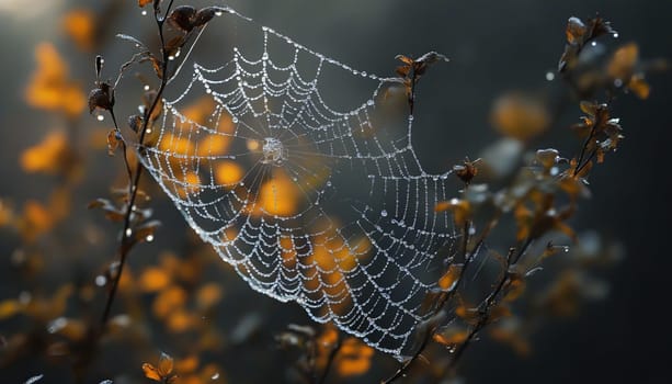 Delicate strands of a spider web catch morning dew droplets, creating a sparkling display among lush green leaves as dawn breaks. The soft light enhances the mesmerizing beauty of nature.