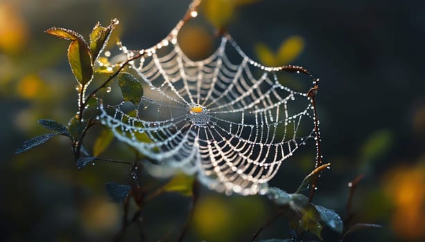 Delicate strands of a spider web catch morning dew droplets, creating a sparkling display among lush green leaves as dawn breaks. The soft light enhances the mesmerizing beauty of nature.