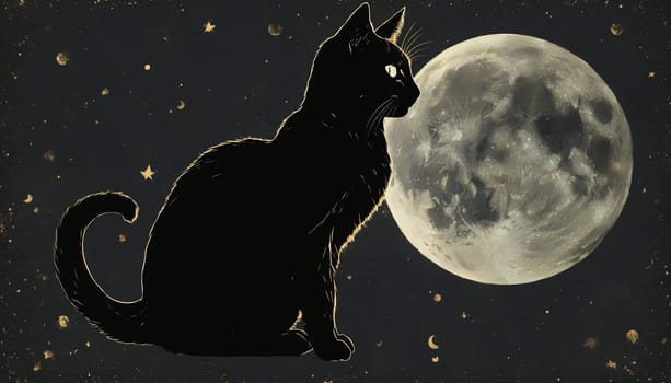 The silhouette of a black cat sits elegantly against a backdrop of a luminous full moon, surrounded by twinkling stars, evoking a magical and calm atmosphere of the night.