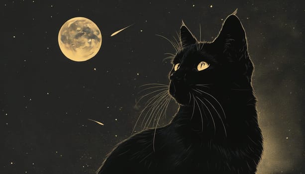 Under a twilight sky, a black cat looks up with curiosity at a full moon, while shooting stars streak by, creating a magical, serene atmosphere.