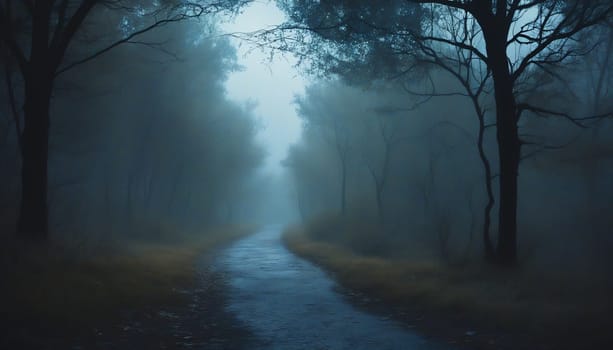 A soft, winding path disappears into a fog-laden forest, with ghostly trees standing sentinel. The atmosphere feels serene yet mysterious, beckoning quiet reflection.