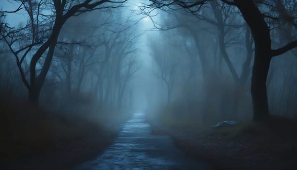 A winding path traverses a fog-laden forest during dusk, shadows of trees loom, and the atmosphere is thick with mystery and serenity, inviting exploration.