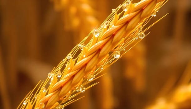 A close-up photograph of a single stalk of golden wheat, glistening with dew drops. The image captures the beauty of nature's simplicity and the delicate details of a common yet essential crop. The soft, warm lighting creates a sense of peace and tranquility, perfect for use in projects related to nature, agriculture, food, or harvest. ,