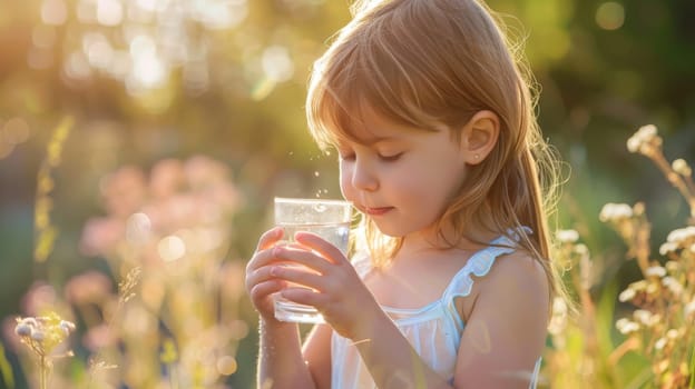 children drink clean water in nature. selective focus, Generative Ai, drink