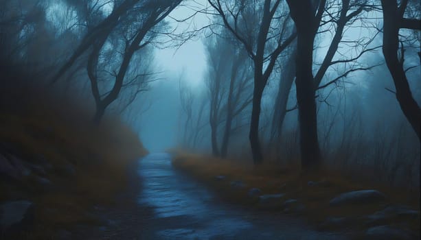 A tranquil and eerie path leads through a dense woodland shrouded in mist, creating a sense of mystery and inviting quiet reflection as dawn breaks.