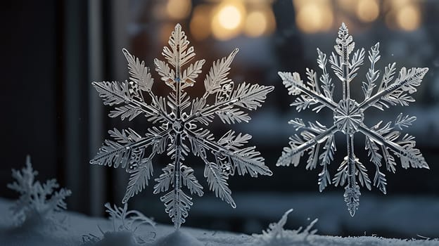 A close-up photograph showcasing the intricate details of two snowflakes resting on a bed of snow. The delicate structure and intricate patterns of the snowflakes are highlighted against a blurred background of warm light. This image is perfect for adding a touch of winter magic to your designs, or for illustrating the beauty of nature's delicate creations.