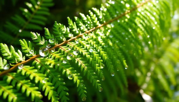 A close-up shot of dew drops clinging to the delicate fronds of a fern plant. The sunlight creates a beautiful bokeh effect, highlighting the natural beauty of the foliage. This image can be used for various purposes, including nature documentaries, environmental campaigns, and botanical illustrations. Its vibrant green tones and water droplets evoke feelings of freshness, serenity, and the beauty of nature.