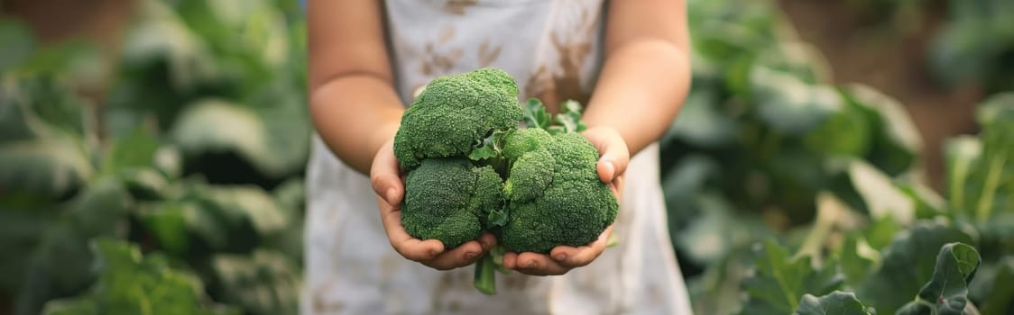 Child eats broccoli. selective focus. Generative AI, food