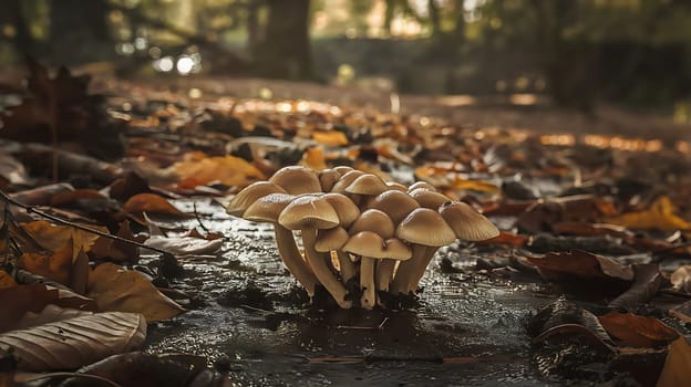 A close-up shot of a cluster of mushrooms growing on the forest floor in a bed of fallen leaves. The mushrooms are illuminated by the soft light of the autumn sun, casting warm shadows on the surrounding foliage. This image evokes a sense of peace and tranquility, perfect for illustrating articles about nature, fungi, or autumn. It could also be used in advertising related to natural products or outdoor activities.,