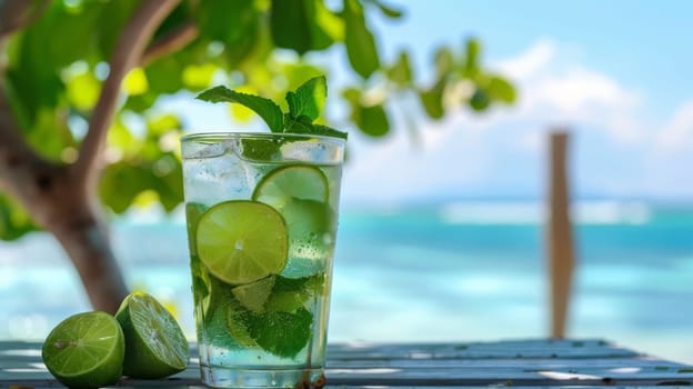 a fresh glass of lime juice on the seashore, Generative AI, drink