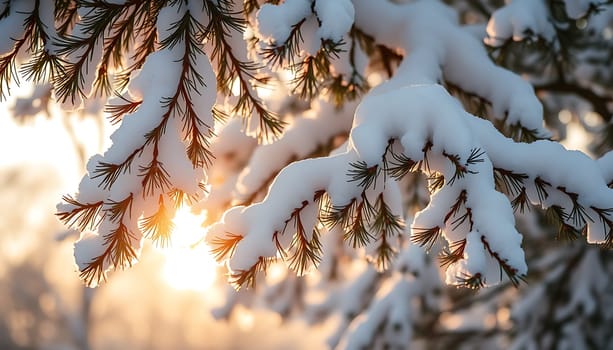 A close-up shot of snow-covered pine branches with the warm glow of a setting sun shining through the needles. The image evokes a sense of tranquility and winter beauty, perfect for illustrating concepts of nature, winter, or the holiday season. It can be used in website backgrounds, calendars, greeting cards, or social media posts.
