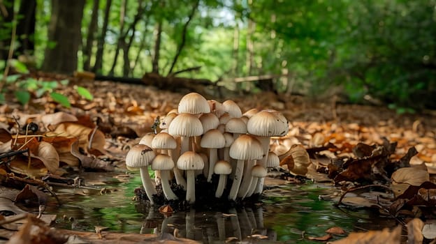 A group of white mushrooms grow in a shallow puddle surrounded by fallen leaves in a forest setting. The soft light creates a beautiful reflection of the mushrooms in the water. This image is perfect for adding a touch of nature to your designs, websites, or social media posts. It can be used to represent themes of growth, renewal, and the beauty of the natural world. ,