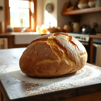 A freshly baked loaf of bread sits on a wooden table dusted with flour, showcasing its golden-brown crust and rustic appeal. The image captures the warmth and comfort of homemade bread and can be used for culinary, food, and baking-related projects. It's ideal for illustrating recipes, showcasing bakery products, or highlighting the joy of fresh bread.