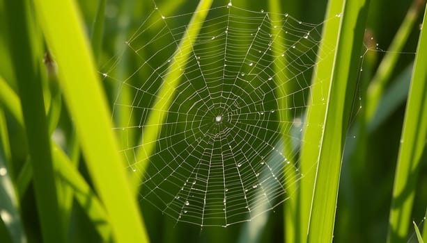 A close-up shot of a spider web with dew drops, captured in a natural setting. The web is delicate and intricate, showcasing the beauty of nature's craftsmanship. The vibrant green grass creates a contrasting backdrop, highlighting the intricate details of the web. This image can be used for a variety of purposes, including nature documentaries, educational materials, or as a beautiful decorative piece. It evokes a sense of tranquility and wonder, capturing the delicate balance of life in the natural world.,