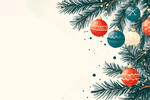 Christmas and new year winter background with blurred bokeh and pine tree branches with copy text space.
